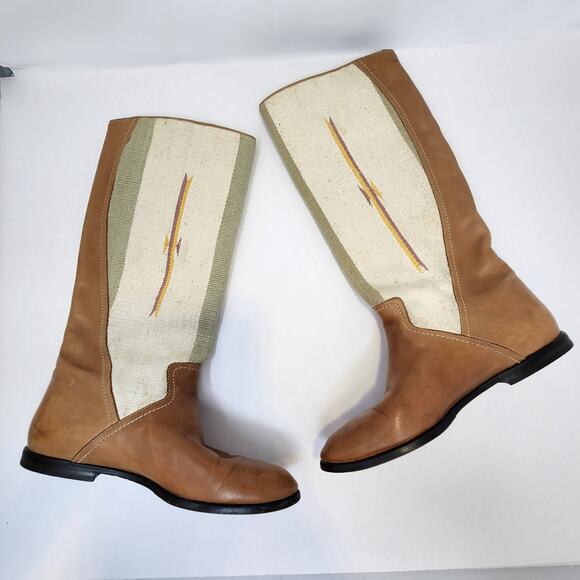 Golo Brown Leather Kilim Knee High Riding Boots Women Size 7 M Vintage Flats - Picture 7 of 9